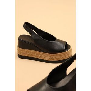 Lonza Womens Agnesa Black Leather Wedge Espadrilles Slingback Sandals Size 39